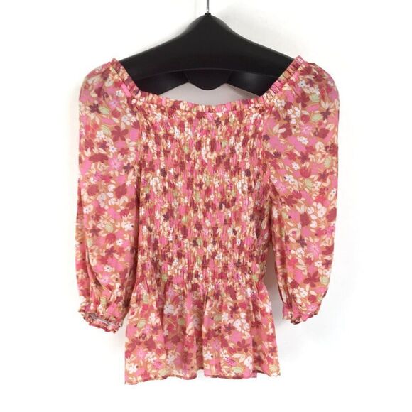 NANETTE Nanette Lepore Smocked Floral Peplum Blouse Women's Small Square Neck - Picture 6 of 11